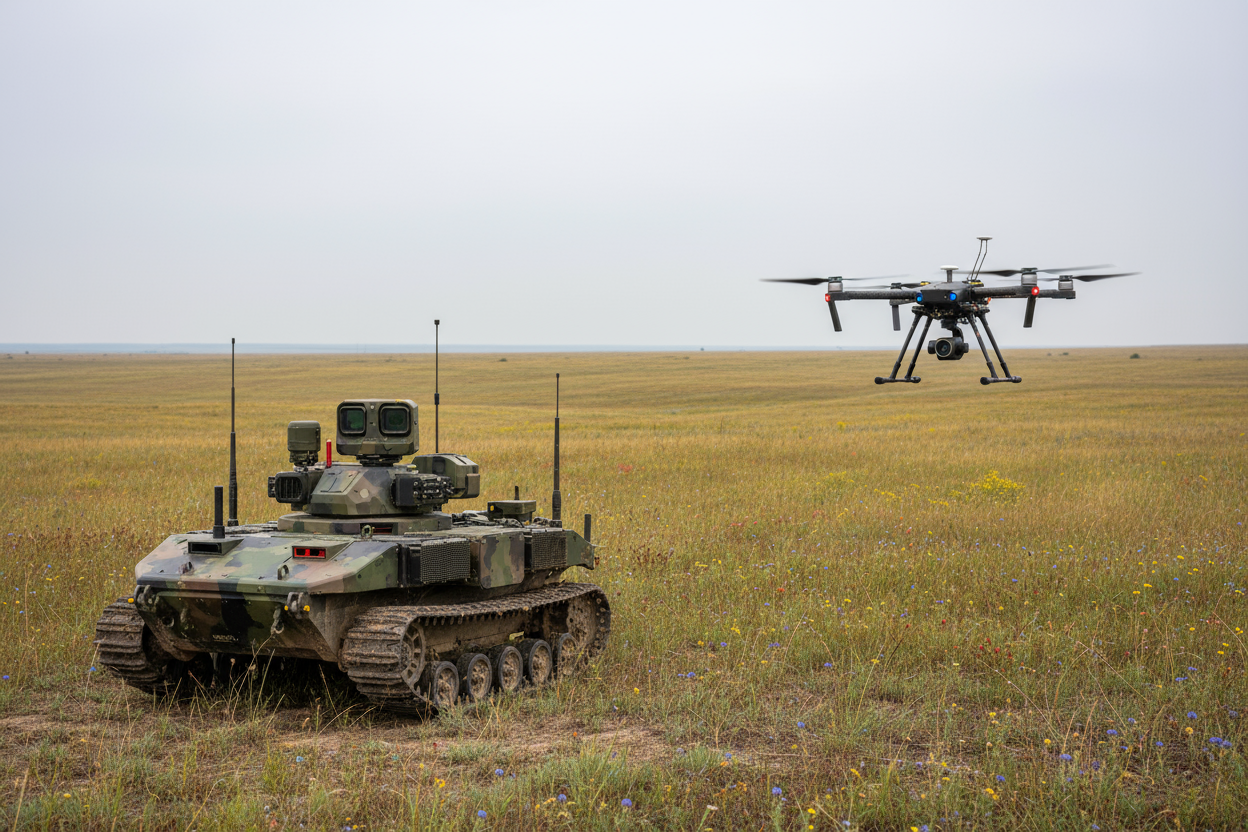ground robotic complex on the left on the ground and a drone in the air on the right against the background of a typical Ukrainian steppe, the weather is neutral